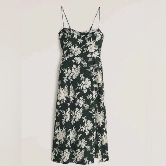 NEW Abercrombie & Fitch High-Slit Midaxi Dress green floral Large - Picture 1 of 15